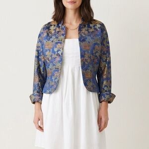 Vintage Blue Gold Asian Print Bolero Jacket Mandarin Collar Frog Closure 2/4